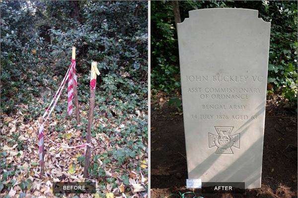A before and after picture of a grave the VC Trust has restored