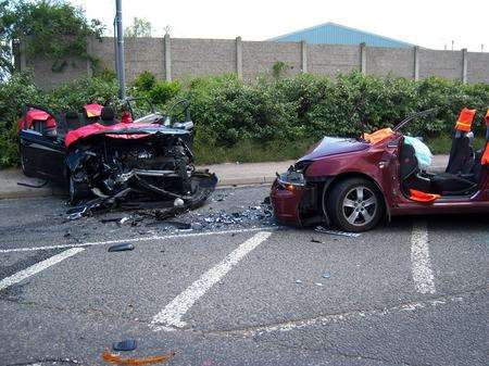 The wreckage of the two cars following the crash near the Eurolink Way roundabout