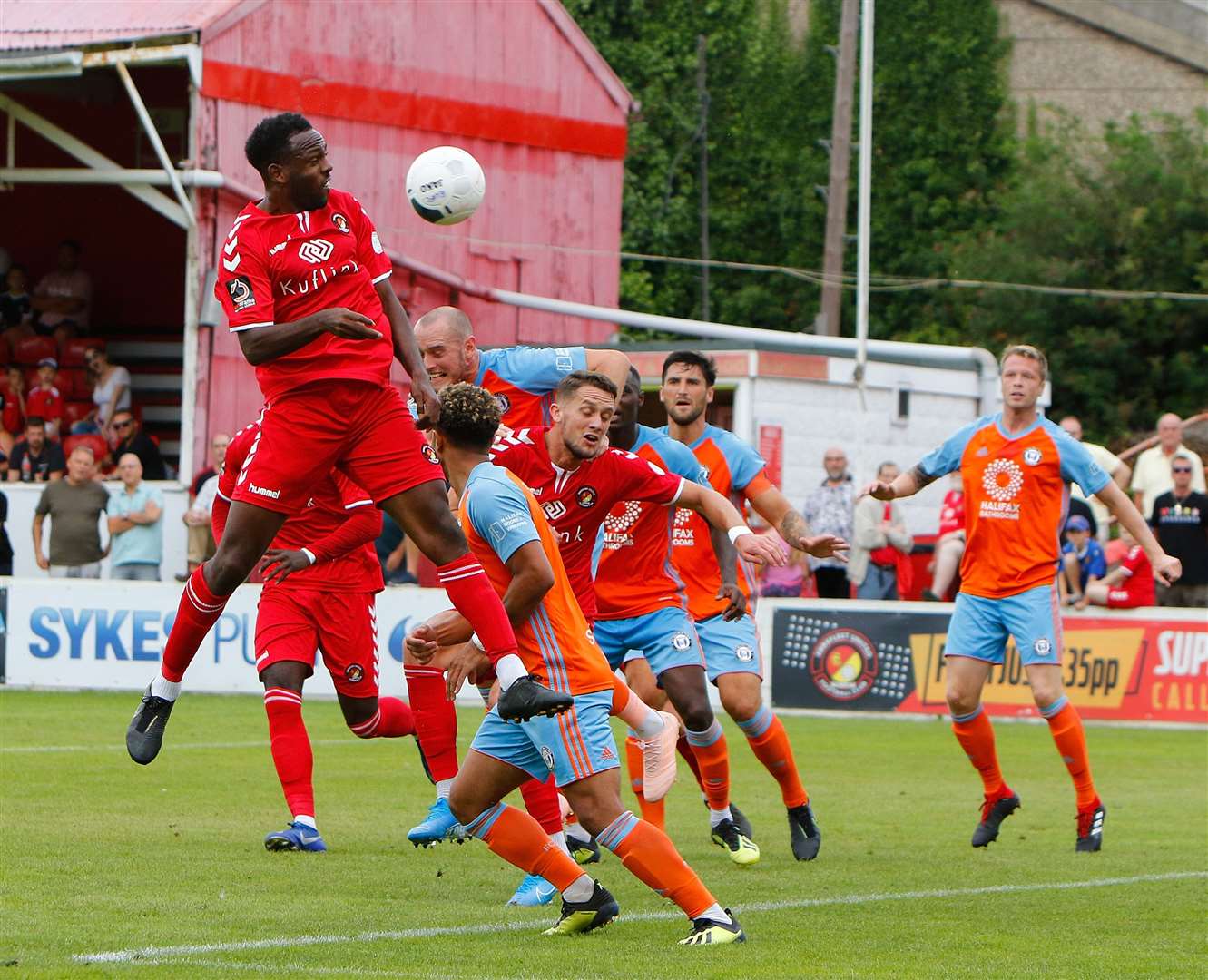 Myles Weston heads goalwards during Ebbsfleet's 4-1 defeat by FC Halifax on the opening day of the season Picture: Andy Jones