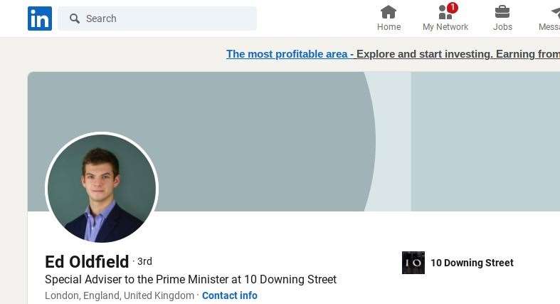 The LinkedIn page of Downing Street special adviser Ed Oldfield, who went to school in Kent. Picture: LinkedIn/Ed Oldfield