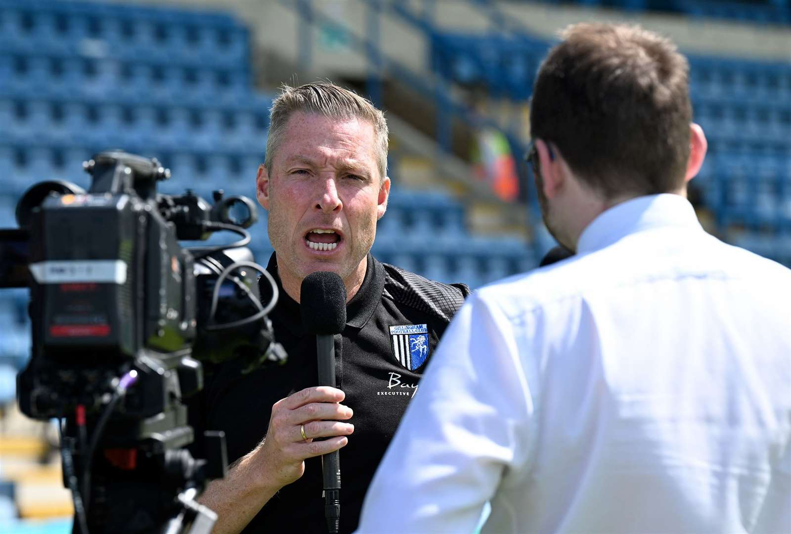 Neil Harris Gillingham manager press interview on camera stock images taken at pre-season game against Millwall 15.7.23 Picture: Keith Gillard