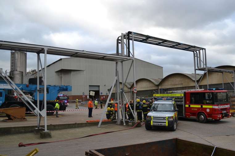 The staged scenario saw four fire engines along with KFRS's Incident Command Unit and around 20 firefighters sent to the plant. Picture courtesy of Kent Fire and Rescue Service