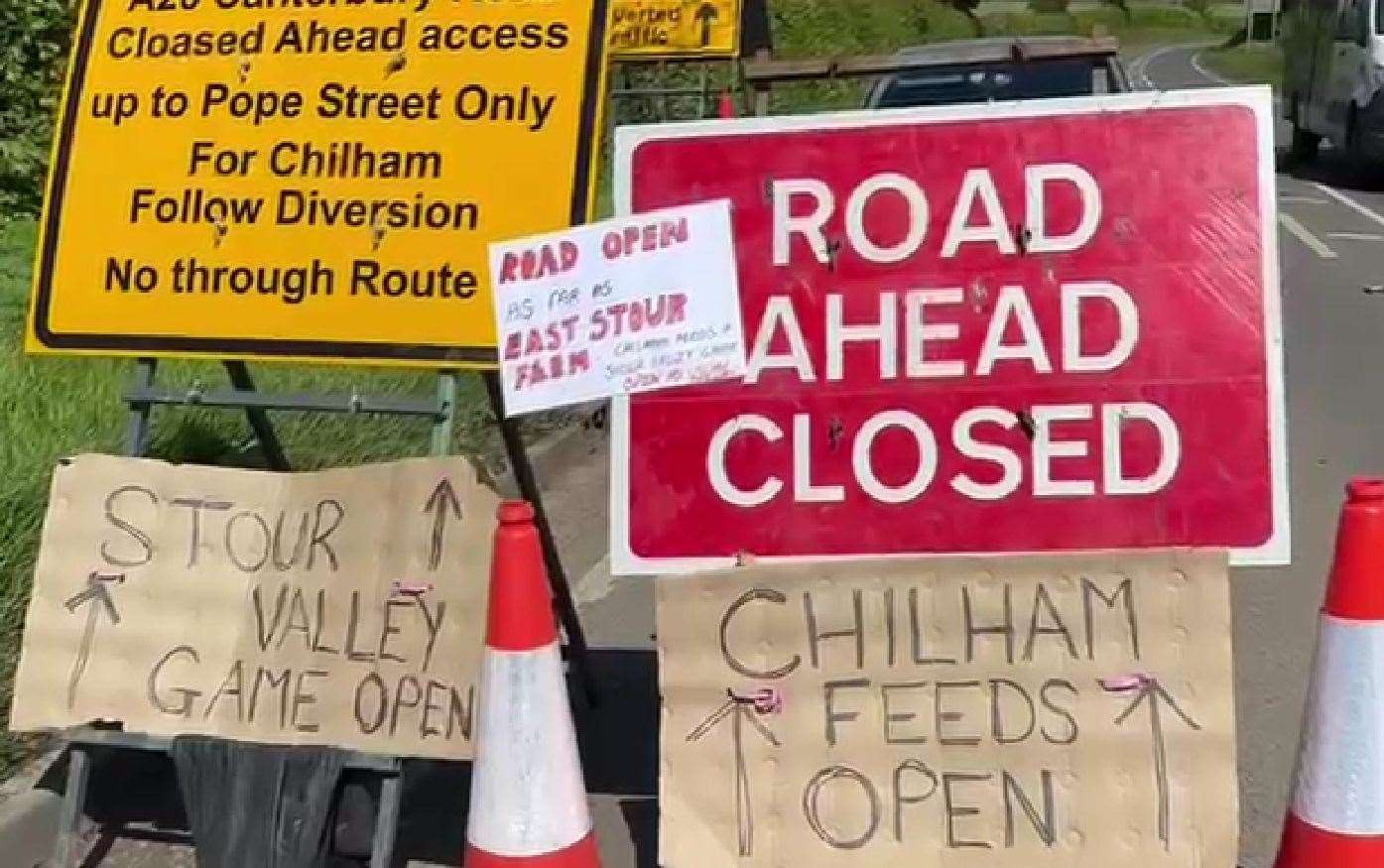 Business owners have added signs to road closure warnings on the A28 between Canterbury and Ashford telling customers they are open as normal. Picture: Sue Lynsdell