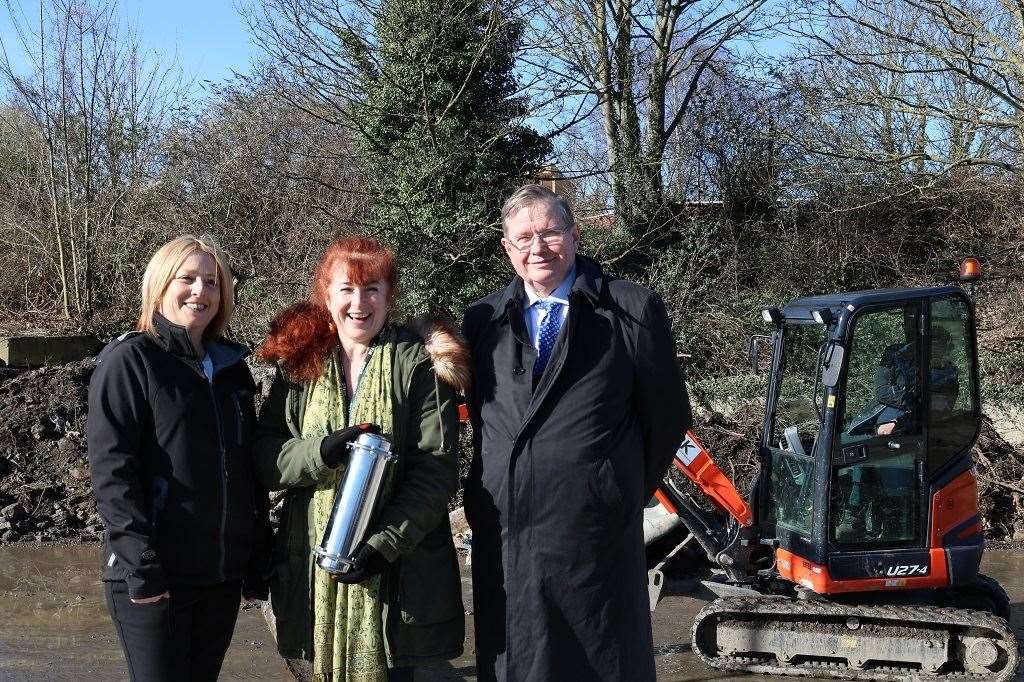 Work starts on Sittingbourne's £240,000 skateboard park with, from t0he left, Cllr Sarah Aldridge, cabinet member for health and wellbeing, Rebecca O’Neill from Brogdale CIC and Cllr Nigel Kay, deputy cabinet member for finance and performance.with a mystery time capsule (7634042)