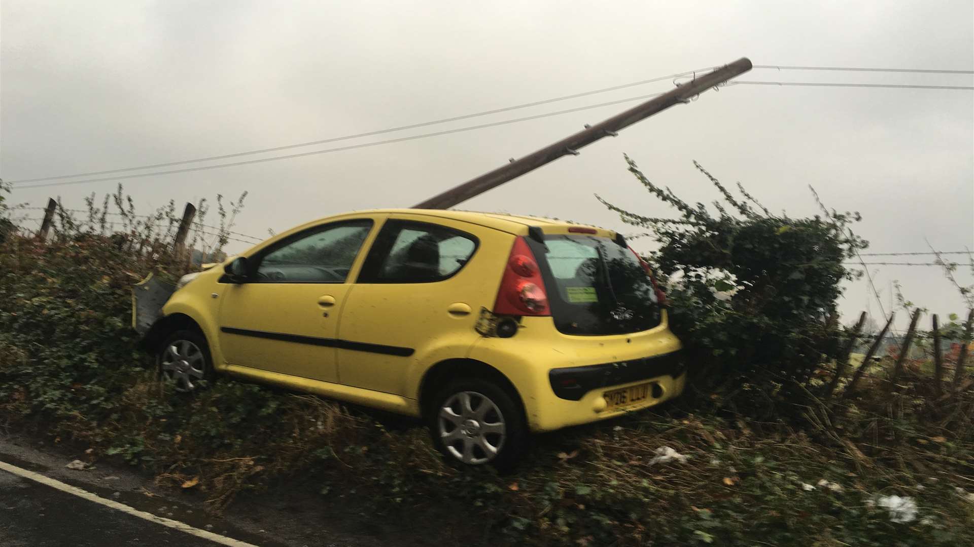 A car crashed into a telegraph pole
