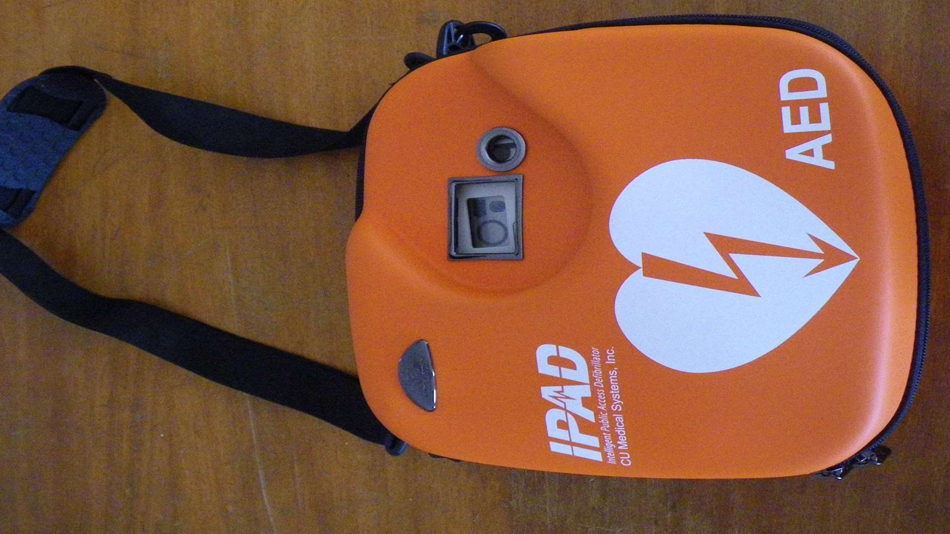The defibrillator was in an orange carry case