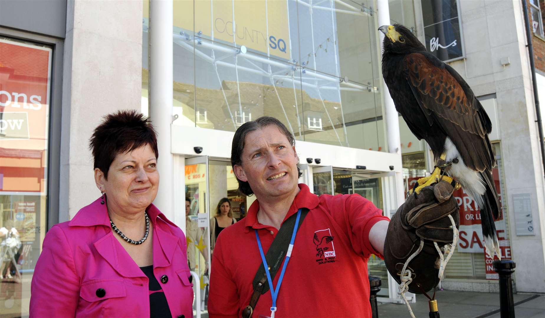 County Square bosses used a hawk in 2010 - this photo shows centre manager Frances Burt with Gary Railton and a male Harris Hawk