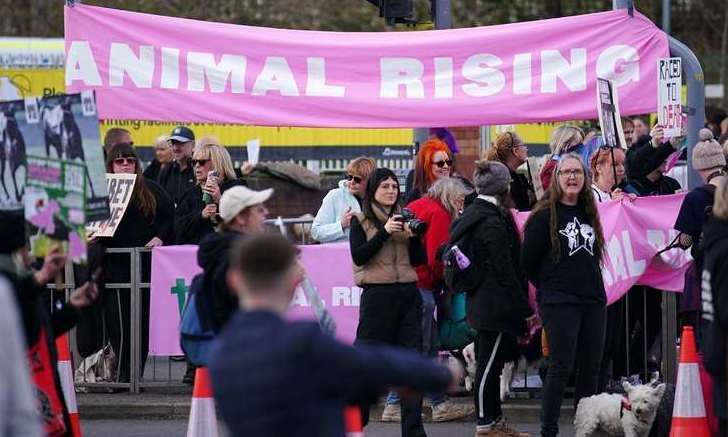 Animal Rising activists outside the gates of Aintree. Picture: Peter Byrne/PA