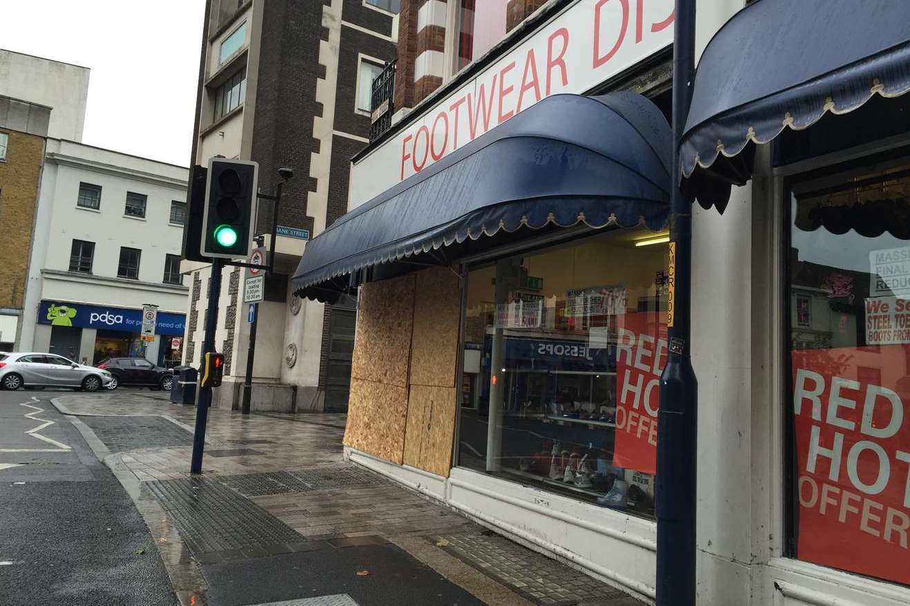 A shop window was smashed at the corner of Middle Row and Mill Street, Maidstone, overnight on Saturday.