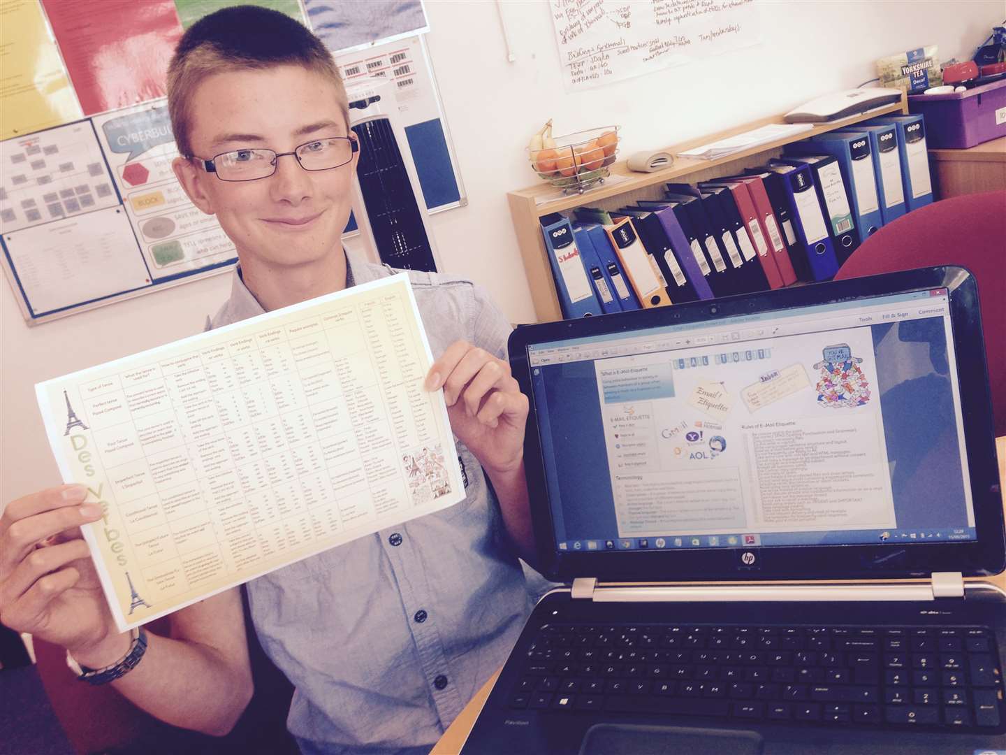 Arran Powell with his French verb chart