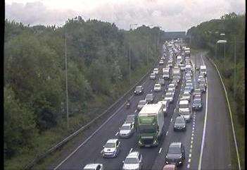 Traffic on the M2 after the coastbound carriageway was closed near junction 1. Picture: Highways England