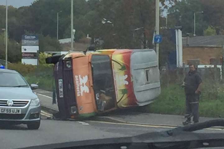 The van toppled over near the Cobbs Wood Industrial Estate in Ashford