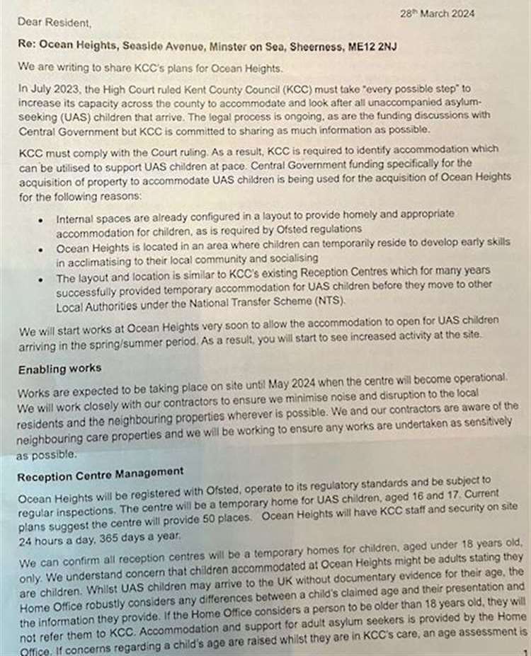 A letter that has been sent to residents informing them of KCC's plan
