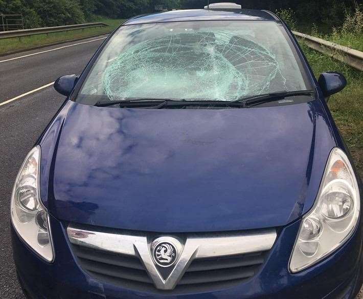 Laura Giles' car was hit by a flying metal sheet on the A28