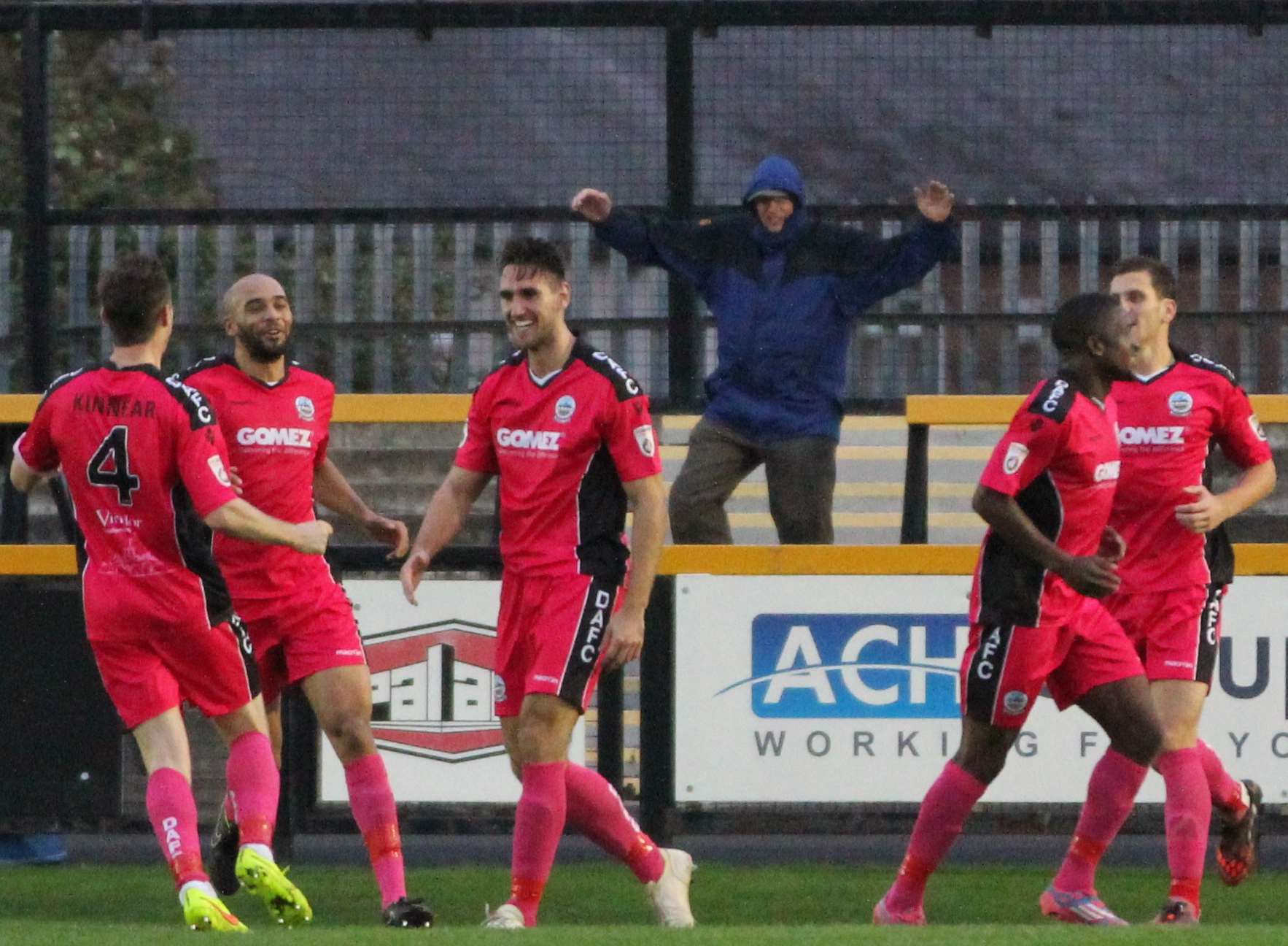 Sean Francis, right, is all smiles after scoring for Dover at Southport earlier this season