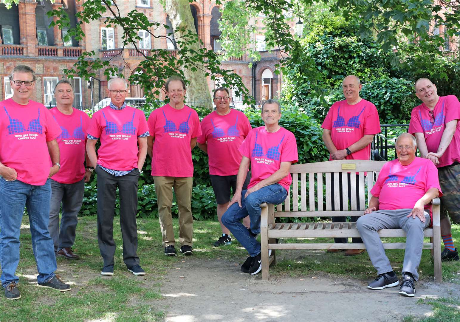 Mark Winter (second left at the back), with other men diagnosed with breast cancer, at a gathering organised by charity Walk the Walk Picture: Walk the Walk