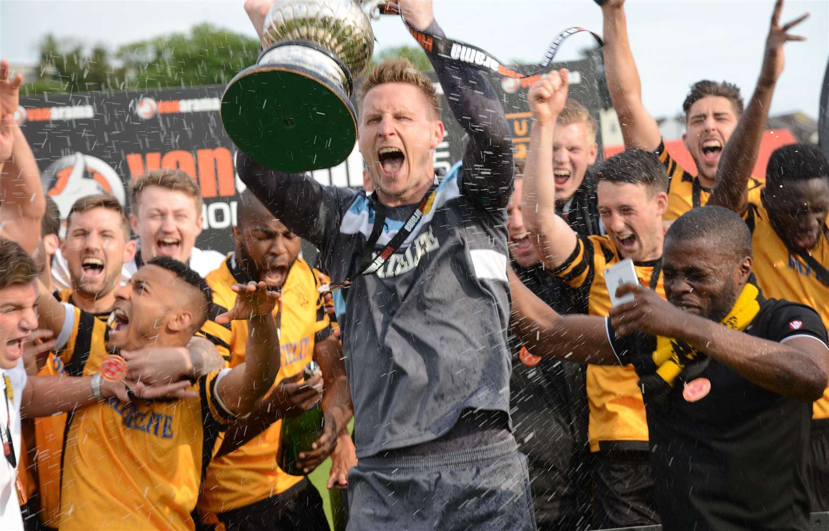 Maidstone celebrate an exhilarating play-off penalty shootout win versus Ebbsfleet United. Picture: Gary Browne