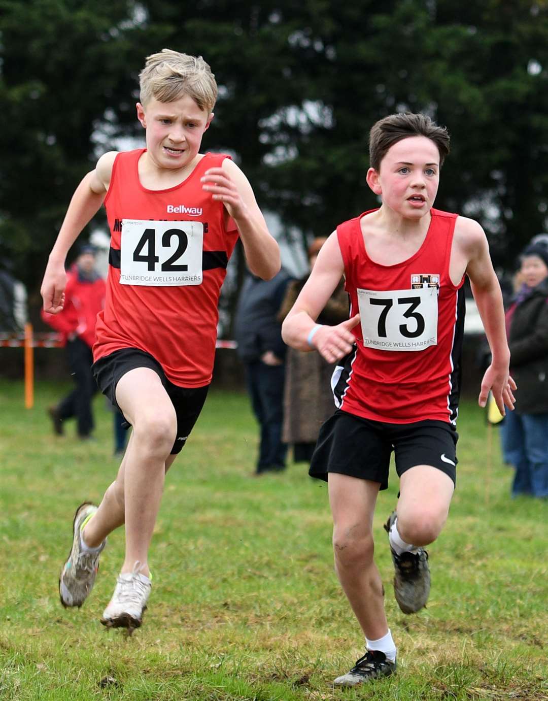 Maidstone's Freddie Gibson (No.42) battles Joe Fairclough (No.73) of South East Kent in the Year 7 boys' race. Picture: Barry Goodwin (54437807)