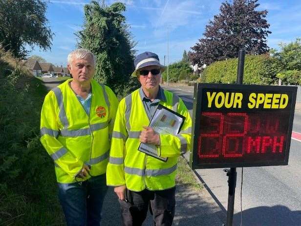 Cllr Richard Palmer (left) and Derek Fairlie, a coordinator for Newington Speed Watch, hope to make drivers aware of the speed limit