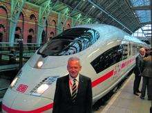 Deutsche Bahn chairman Rudiger Grube with ICE3 train at St Pancras International.