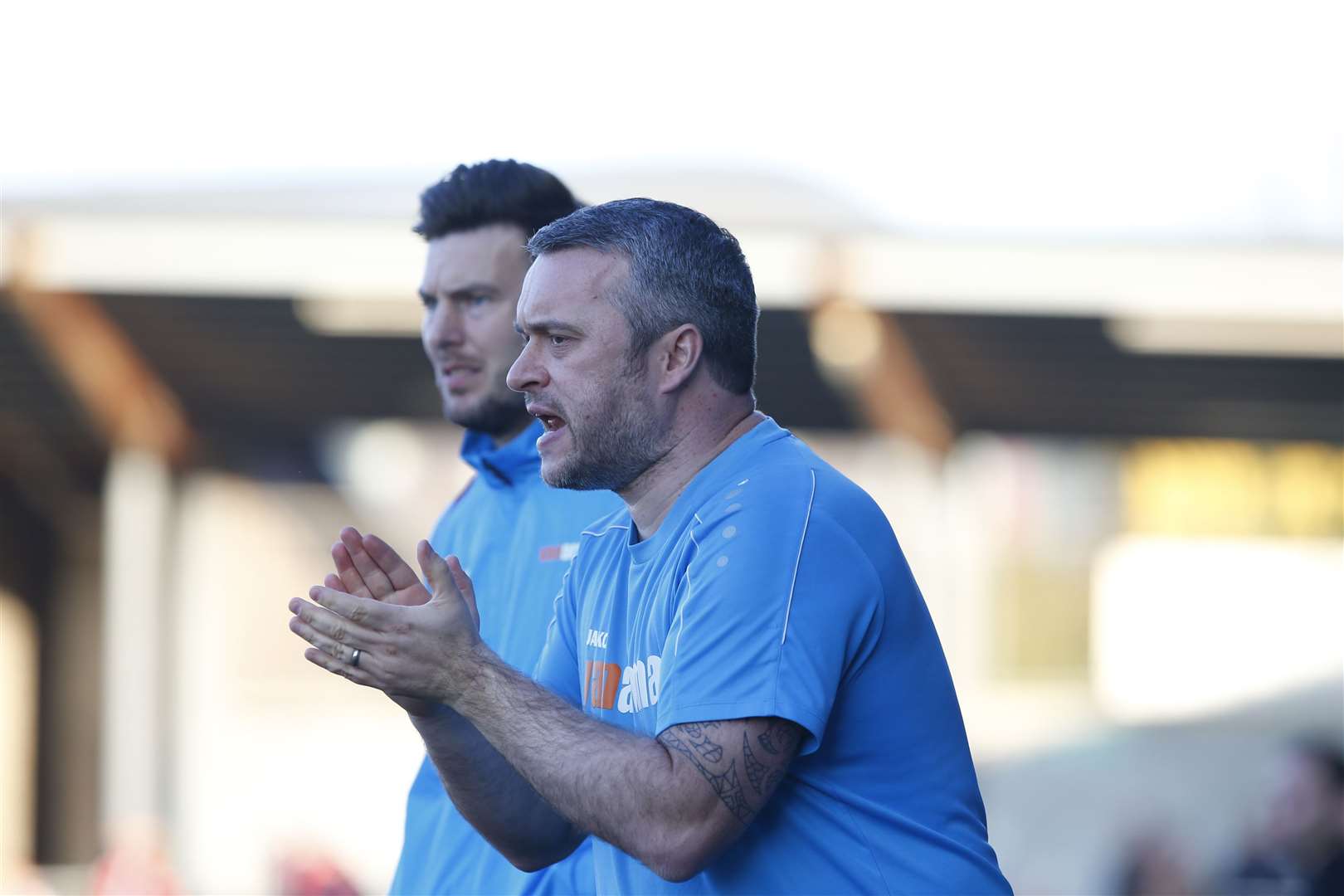 Dartford (White) v Woking (Blue) in National League South. Pictured are joint-managers Jamie Coyle & Adam Flanagan..Princes Park, Grassbanks, Dartford, DA1 1RT.Picture: Andy Jones. (7389743)