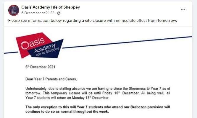 Facebook announcmment by Oasis Academy Isle of Sheppey to parents about closure of Year 7 lessons