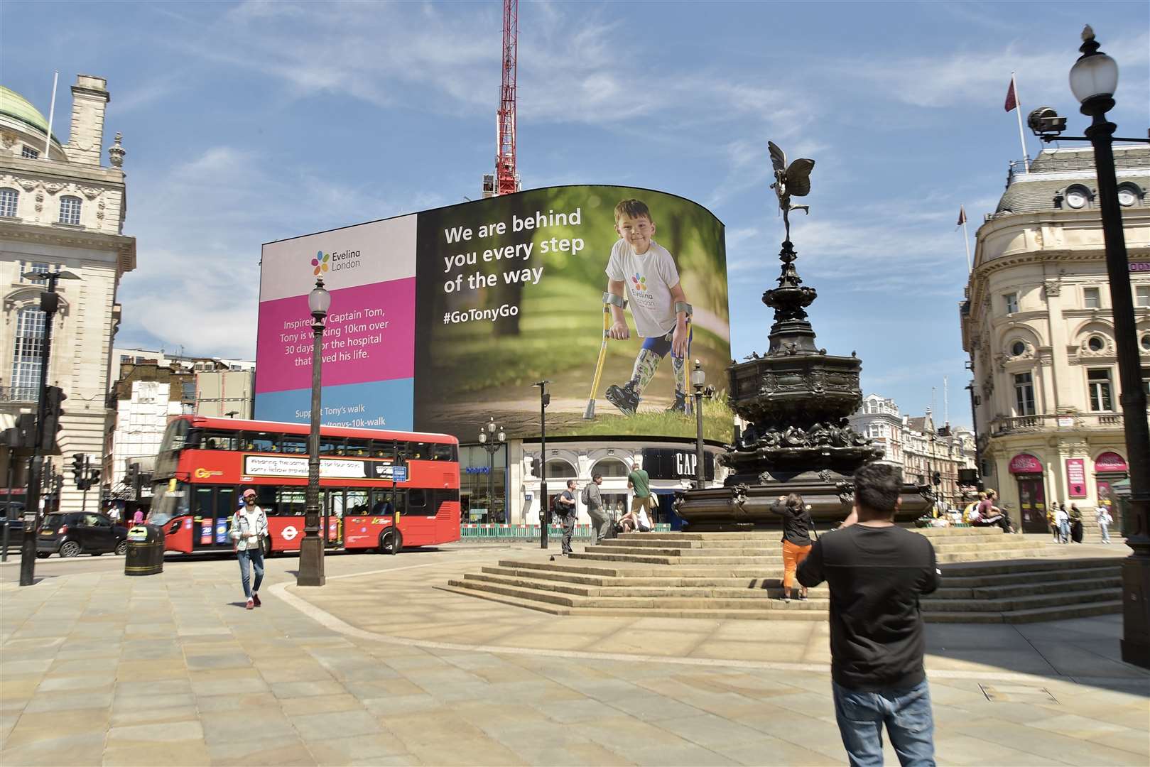 Tony Hudgell on an electronic billboard in London's Piccadilly Circus. Picture: David Tett