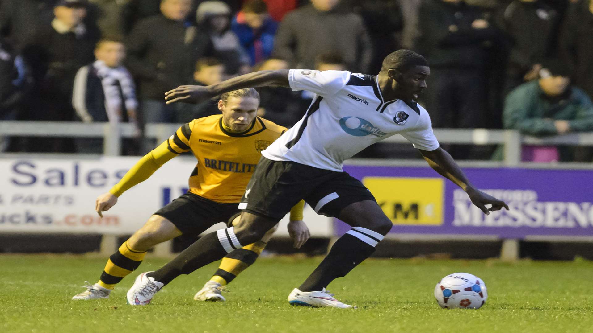 Mark Onyemah turns away from Matt Bodkin during Dartford's 1-1 draw with Maidstone Picture: Andy Payton