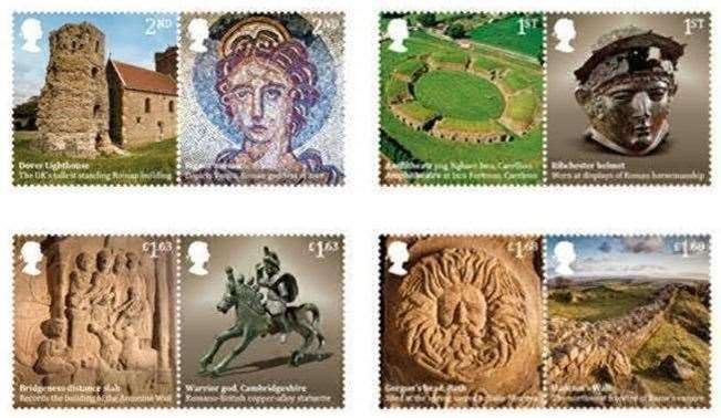 Dover Lighthouse, top left, is among the eight stamps to celebrate the Roman legacy