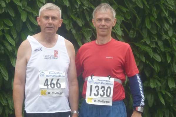 Tim Kiddell, pictured right, with Jonathan Leeson just before the start of the 2013 Tonbridge Half Marathon
