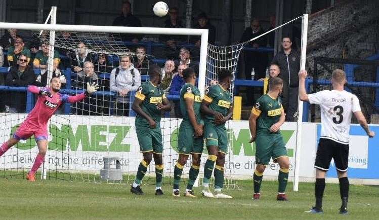 Bobby-Joe Taylor's free-kick is on its way into the net to put Dover ahead against Notts County Picture: Alan Langley