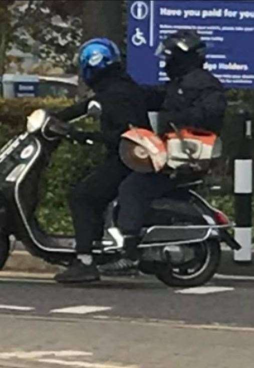 Two men riding a moped were spotted attempting to steal a bike from the hospital car park yesterday. Photo: Darent Valley Hospital (19096526)
