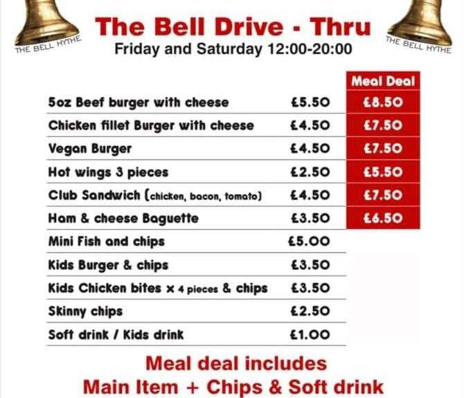 The takeaway menu for The Bell, Hythe