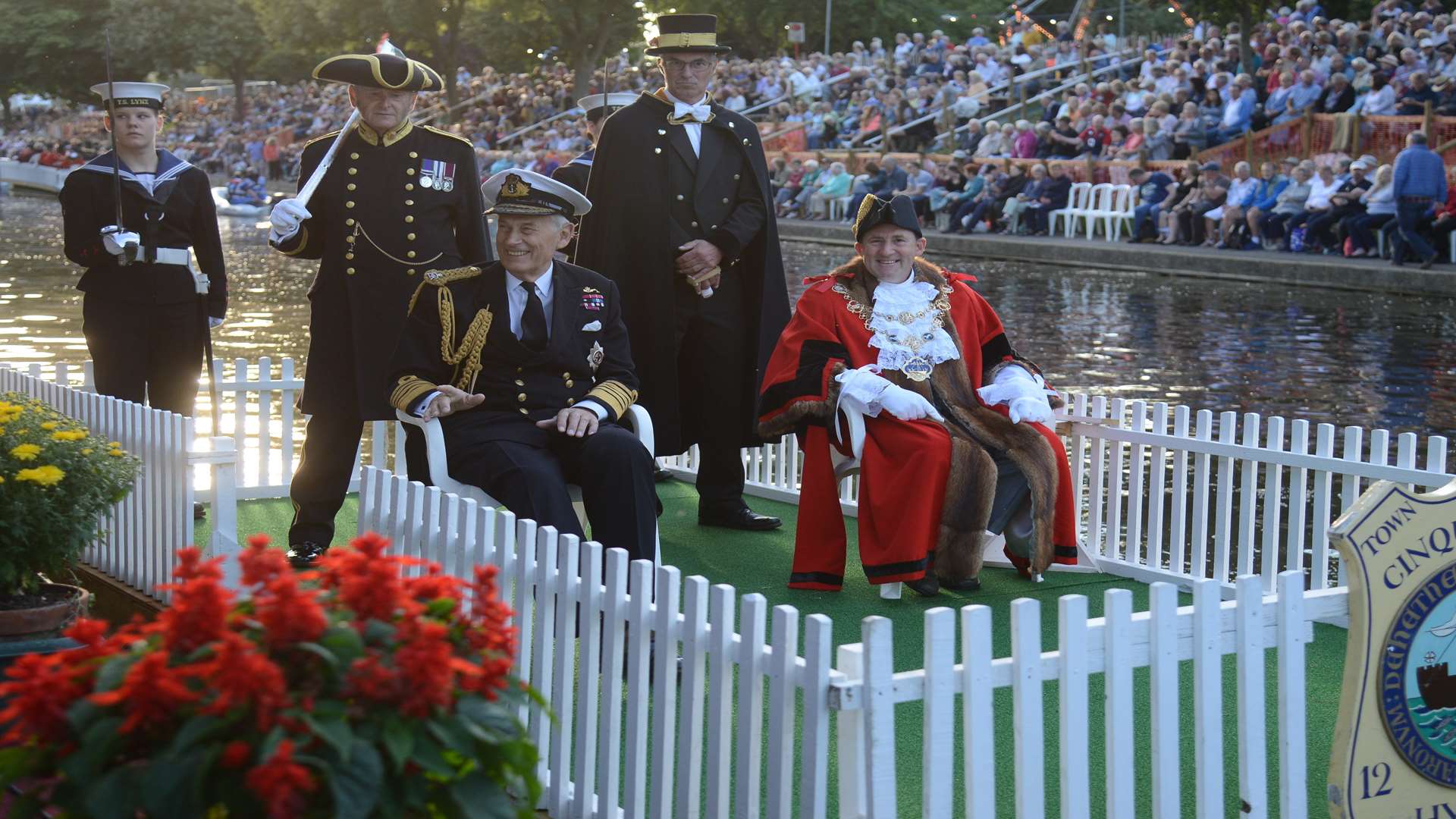 Mayor of Hythe Paul Peacock and Admiral Lord Boyce on the Cinque Ports float at the recent Venetian Fete