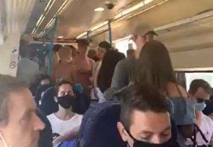 A rammed train from London to Margate last week was dubbed 'The Covid Express'. Picture: @Oreshka/Twitter
