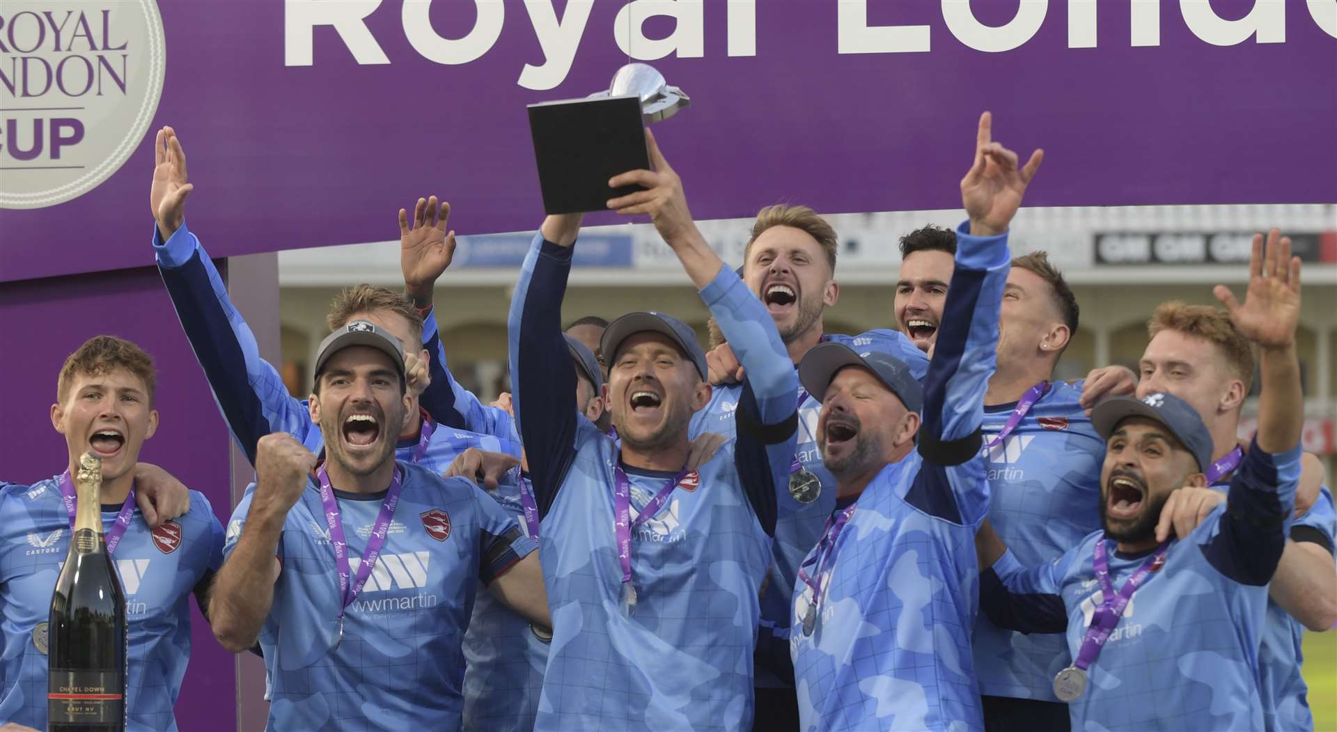 Stand-in skipper Joe Denly, centre, lifting the Royal London One-Day Cup last year. Picture: Barry Goodwin