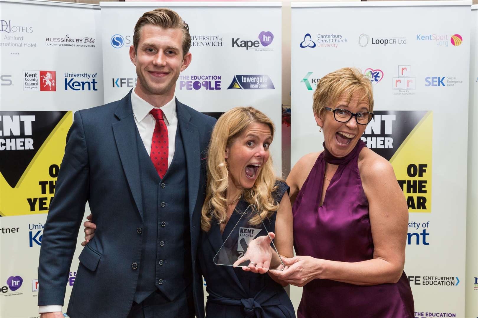 from left, Jack Green, Lucy Flack Overall Kent Technical/Vocational Teacher of the Year of North Kent College, North Kent College â Rhiannon Hughes. Kent Teacher of the Year 2019 awards. Ashford International Hotel, SimonÃ© Weil Avenue, Ashford. .Picture Submitted by: Martin Apps.KM Group has permission to sell this image via photo sales and to re-sell the image to other media for single-use publication.. (10146124)