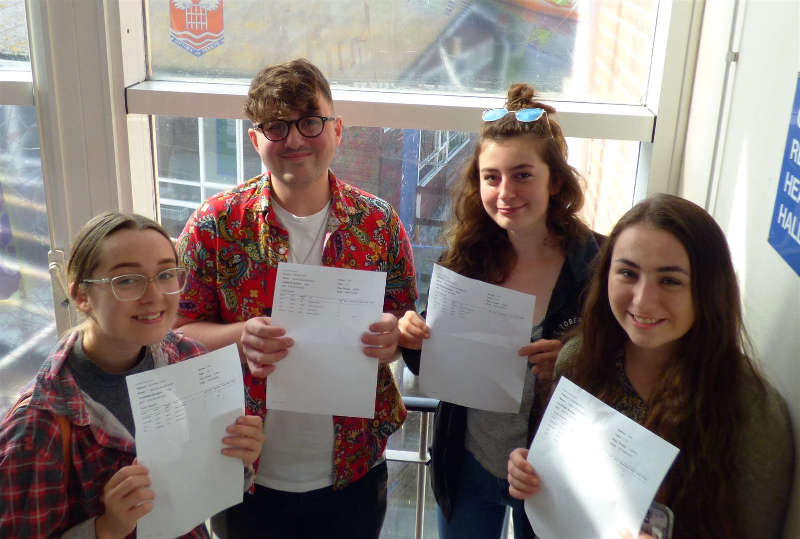 Dover Grammar School for Girls student with their results..Pictured, from left, are Hannah Smith, Jacob Maddison; Rachel Stephens and Helen Minns. Picture: Dover Grammar School for Girls (15281045)