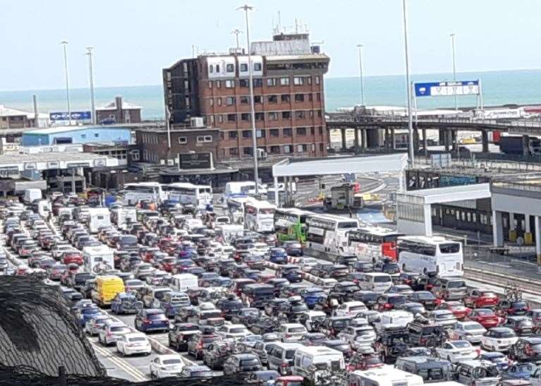 Traffic queues at the Port of Dover. Stock image