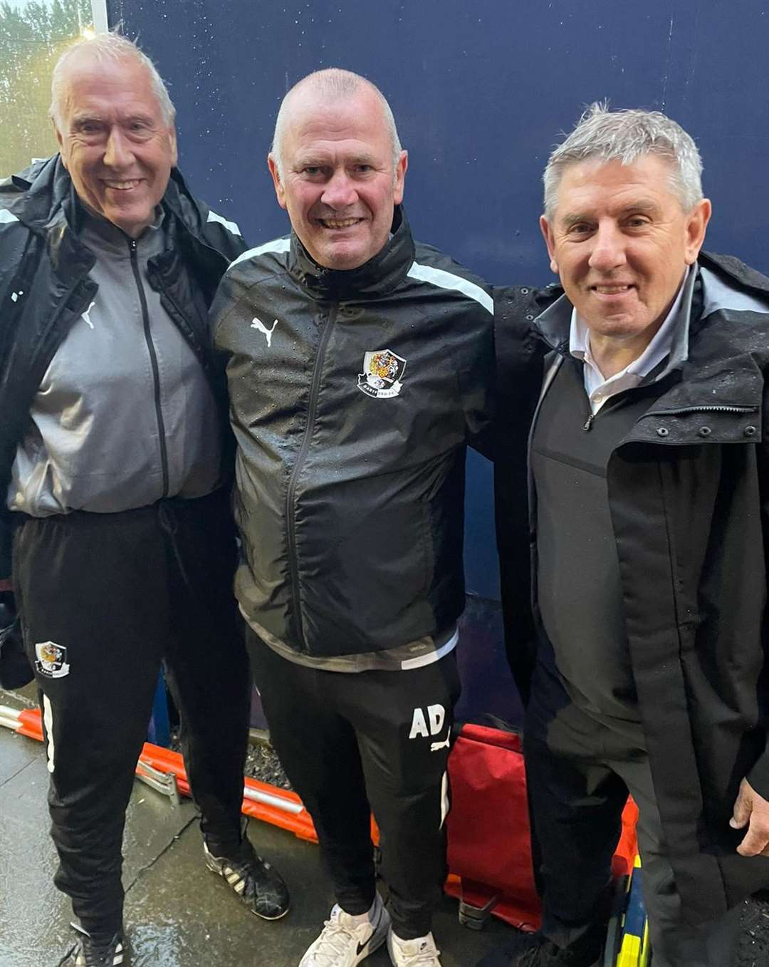 Dartford manager Alan Dowson alongside coach Martin Tyler, left, and Newcastle legend Peter Beardsley during the club's trip to Dunston UTS