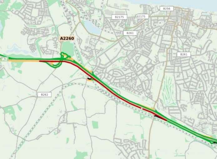 Traffic delays on the A2. Map: Highways England