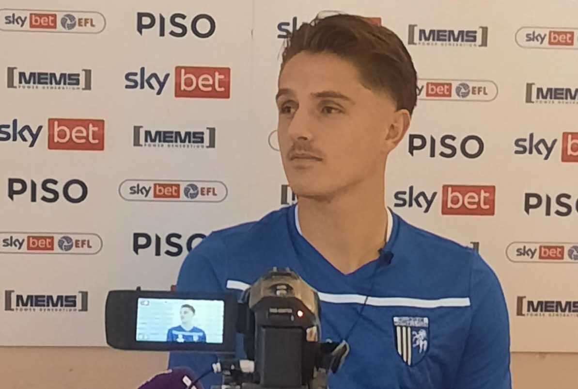 Gillingham's Tom Nichols speaks to the press before his expected debut against Hartlepool United