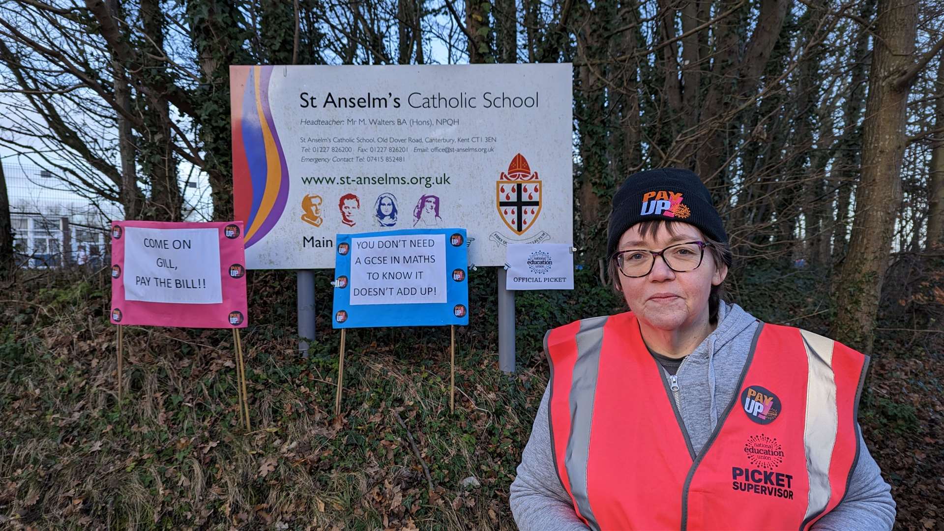 Striking teachers from the National Education Union picketing outside St Anselm's Catholic School in Old Dover Road, Canterbury, on February 1, 2023. Andrea Kite, pictured, is the union rep at the school