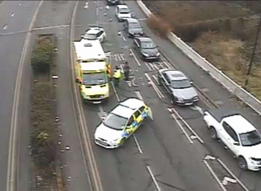 The crash on the A249 close to the junction with the A20. Picture: KCC Highways