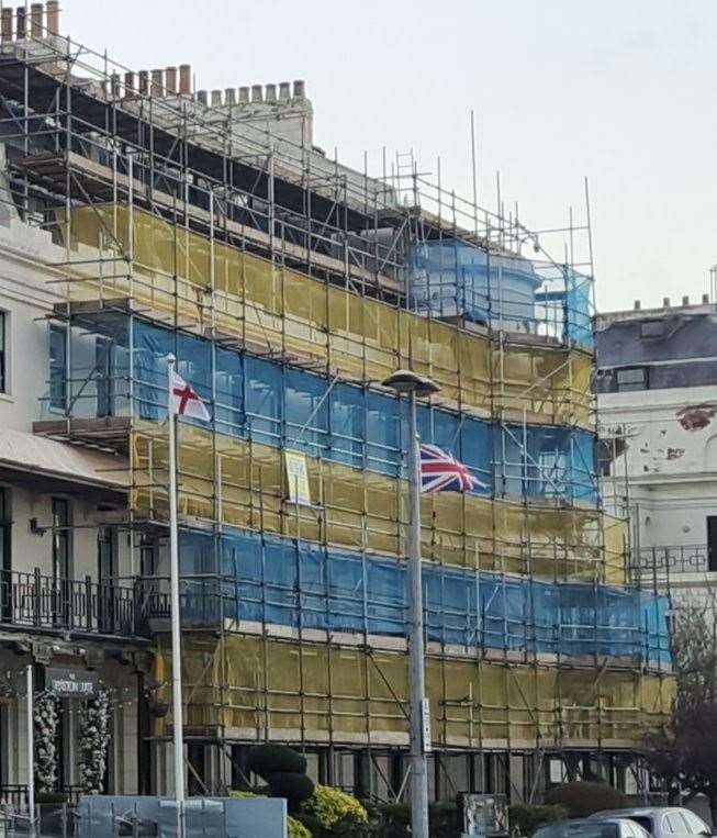 Protea House in Dover covered with scaffolding and sheeting, in preparation for building work