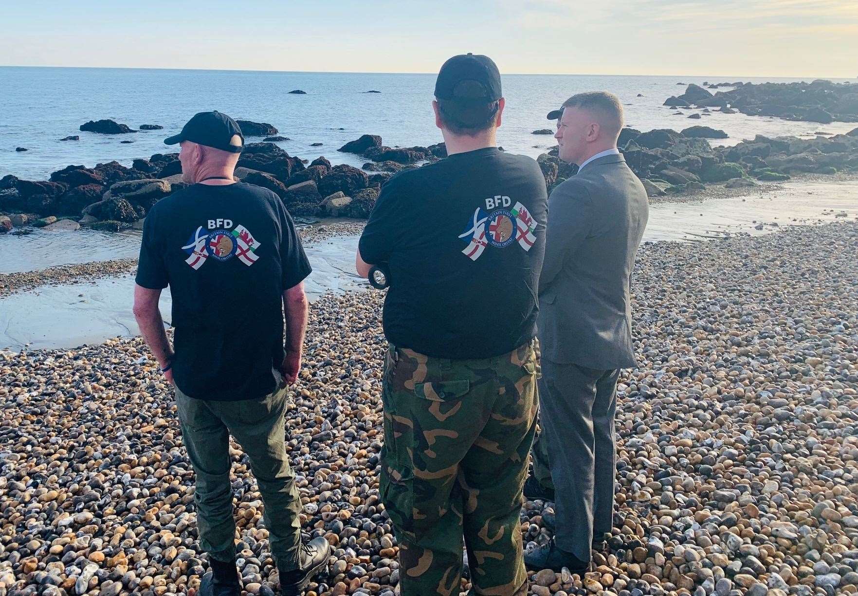 Britain First members, with leader Paul Golding, on beach patrol in Dover. Picture: Britain First