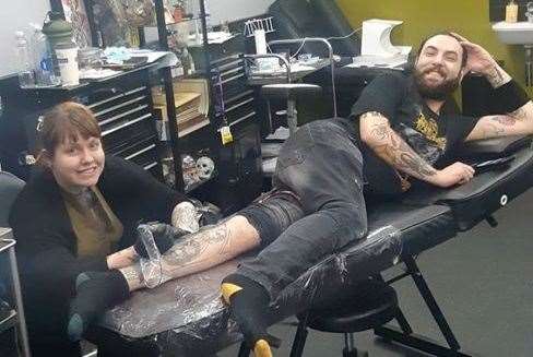 Sam tattooing fellow Kent Tattoos artist Marv in Dartford