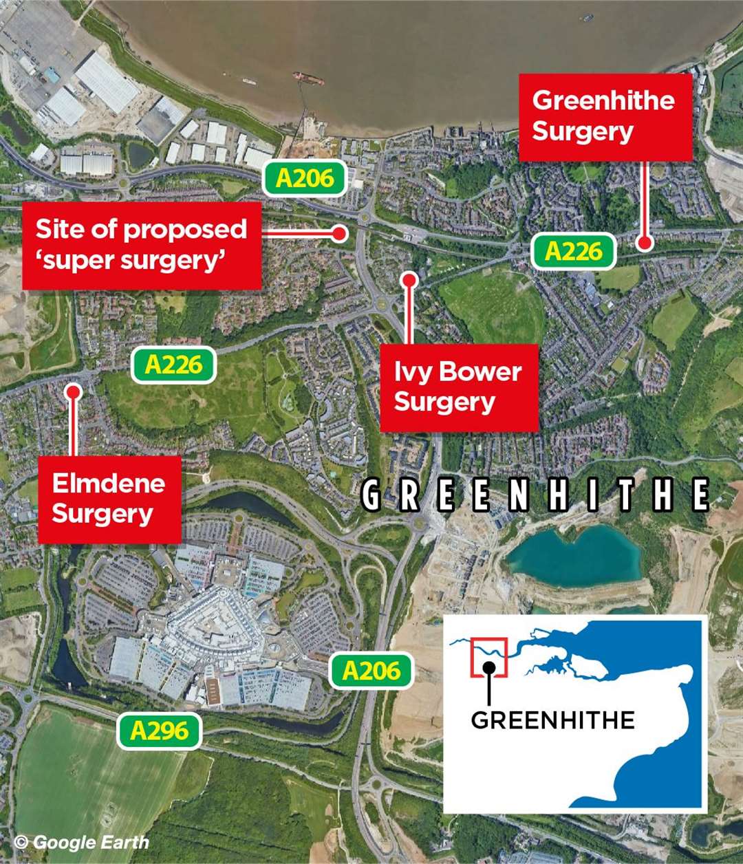 Where the proposed Greenhithe surgery is and the three existing surgeries are.