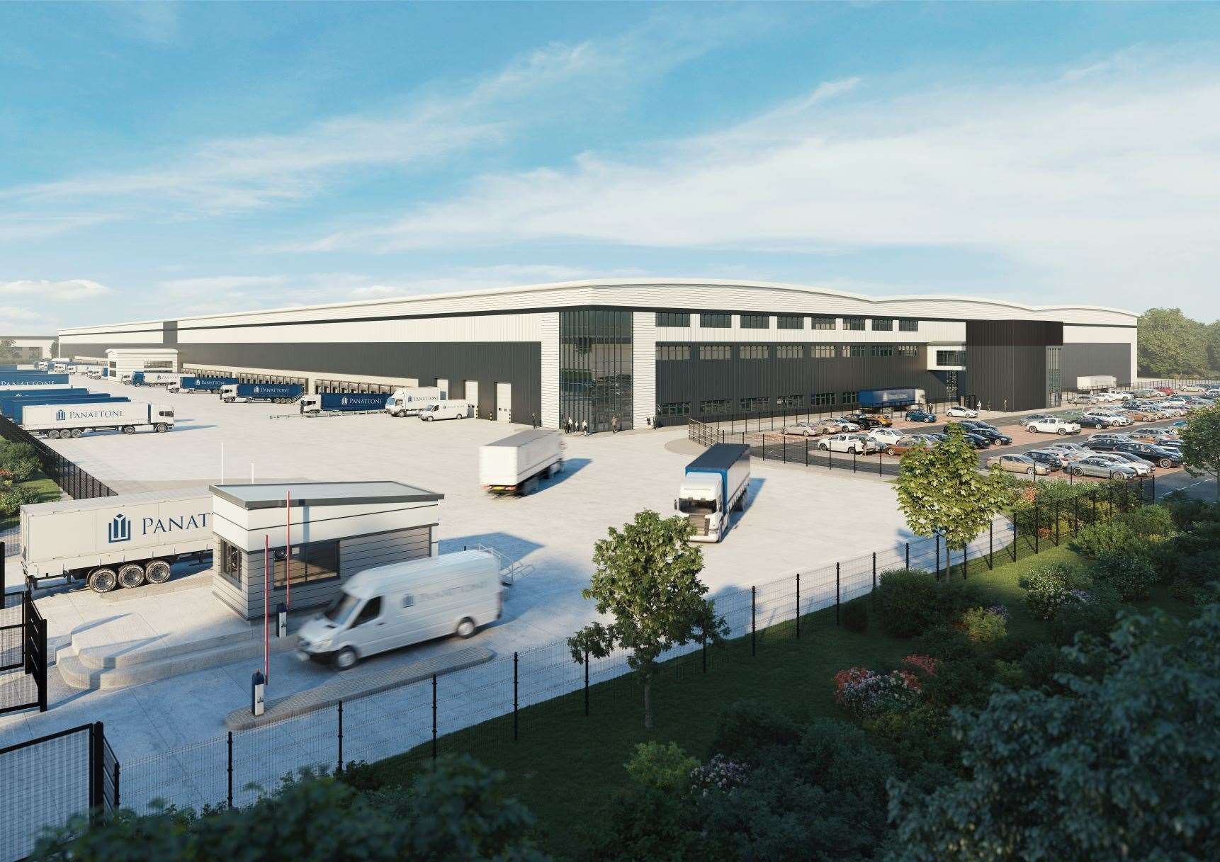 A CGI image of the proposed new warehouse at Panattoni Park