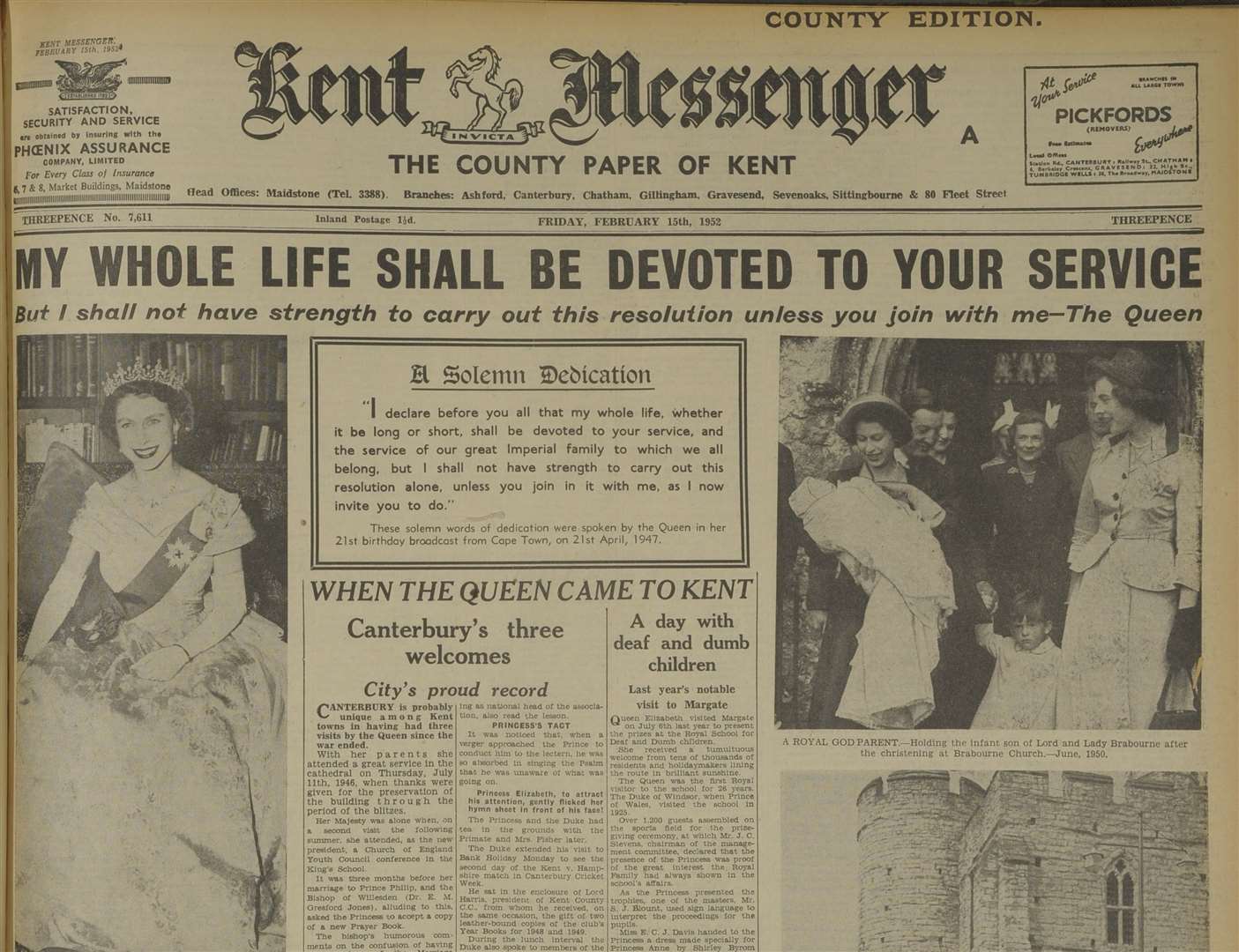 The Kent Messenger's coverage on February 15, 1952, of the new Queen and her previous visits to the county